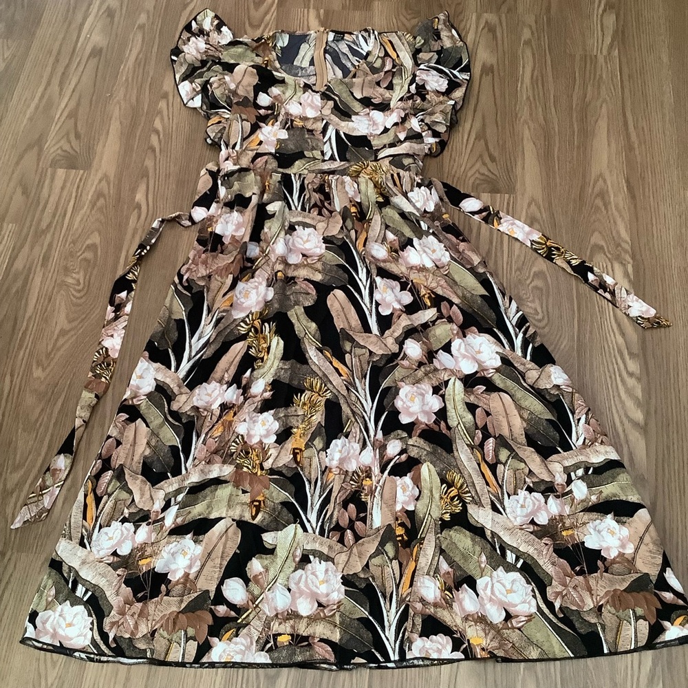 SHEIN Summer Casual Long  Dress Women XL  Ruffle Cuff Allover Floral Belted ZIP